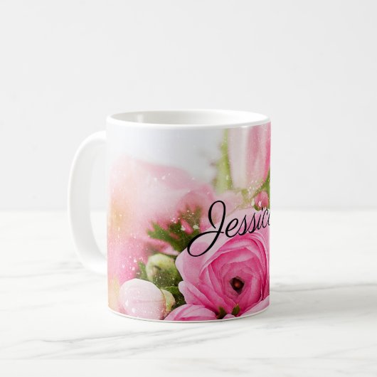  roze bloemen met Jouw naam Koffiemok (Voorkant links)
