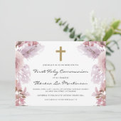 Roze Bloemen met Kruis Eerste Heilige Communie Kaart (Staand voorkant)