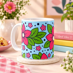 Roze bloemen met vette bloembladeren en groene bla koffiemok