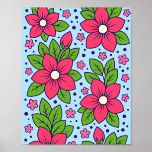 Roze bloemen met vette bloembladeren en groene bla poster