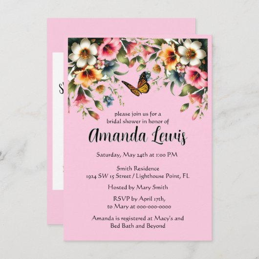  Roze Bloemen met Vlinder Vrijgezellenfeest Kaart (Voorkant / Achterkant)