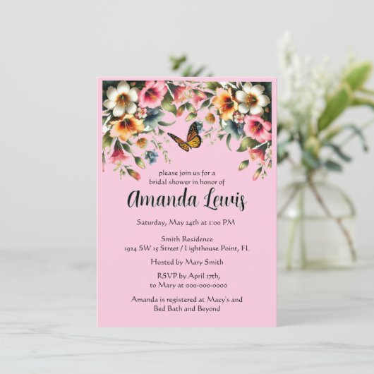  Roze Bloemen met Vlinder Vrijgezellenfeest Kaart (Staand voorkant)