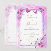 Roze Bloemen met Vlinders Bruiloft Kaart (Voorkant / Achterkant)
