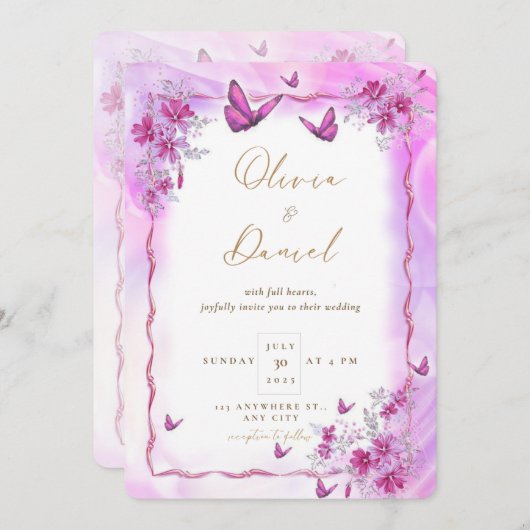 Roze Bloemen met Vlinders Bruiloft Kaart (Voorkant / Achterkant)