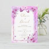 Roze Bloemen met Vlinders Bruiloft Kaart (Staand voorkant)