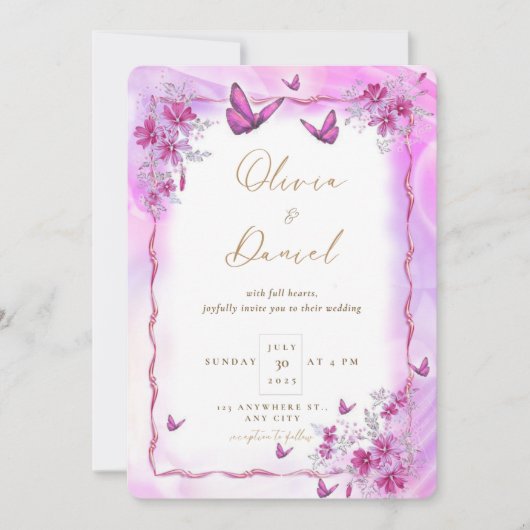 Roze Bloemen met Vlinders Bruiloft Kaart (Voorkant)