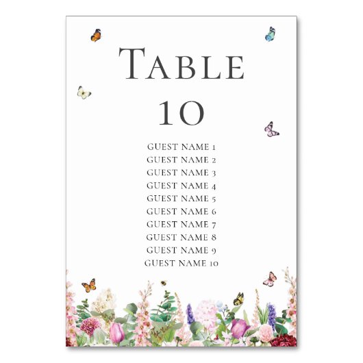 Roze bloemen met vlinders en gastnamen kaart (Voorkant)