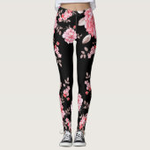 Roze bloemen met zwarte achtergrond. leggings (Voorkant)