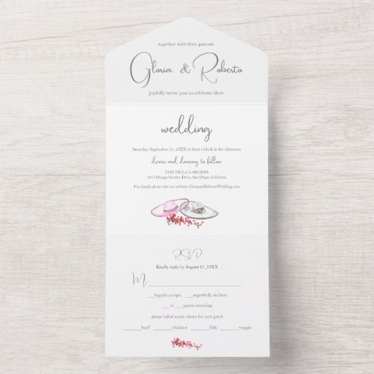 Roze Bloemen Mexicaans Huwelijk Romantisch All In One Uitnodiging (Binnen)