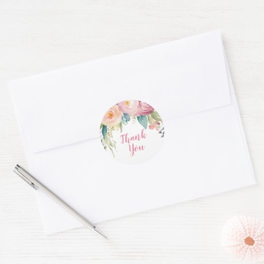 Roze Bloemen Minimalist Bedankt Ronde Sticker (Envelop)
