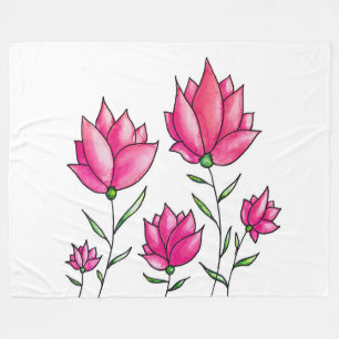 Roze Bloemen  Minimalistische Ink Waterverf Art Fleece Deken