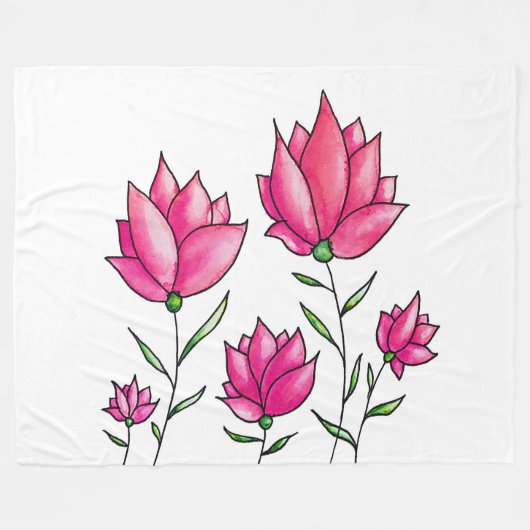 Roze Bloemen  Minimalistische Ink Waterverf Art Fleece Deken (Voorkant (Horizontaal))