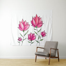 Roze Bloemen Minimalistische Ink Waterverf Art Wandkleed