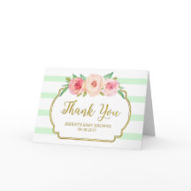 Roze Bloemen Mint Stripes Baby shower Dank u