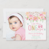 Roze Bloemen Miss Onederful 1e Verjaardag Foto Kaart (Voorkant)