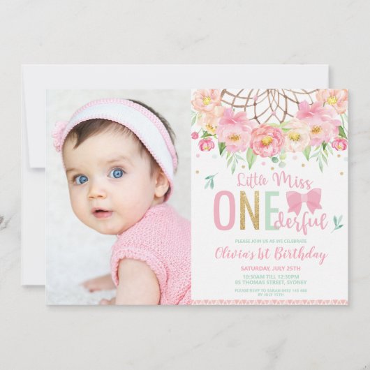 Roze Bloemen Miss Onederful 1e Verjaardag Foto Kaart (Voorkant)