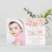 Roze Bloemen Miss Onederful 1e Verjaardag Foto Kaart (Staand voorkant)