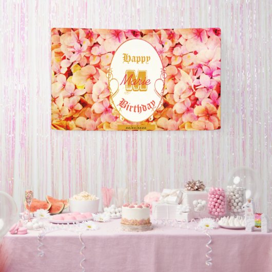 Roze Bloemen Modern Elegant Monogram Gelukkige Ver Spandoek (Feest)