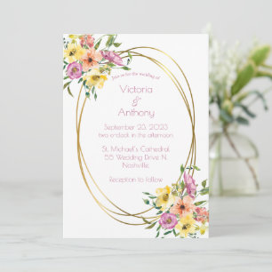 Roze Bloemen Modern Goud Lijst Huwelijksuitnodigin Kaart