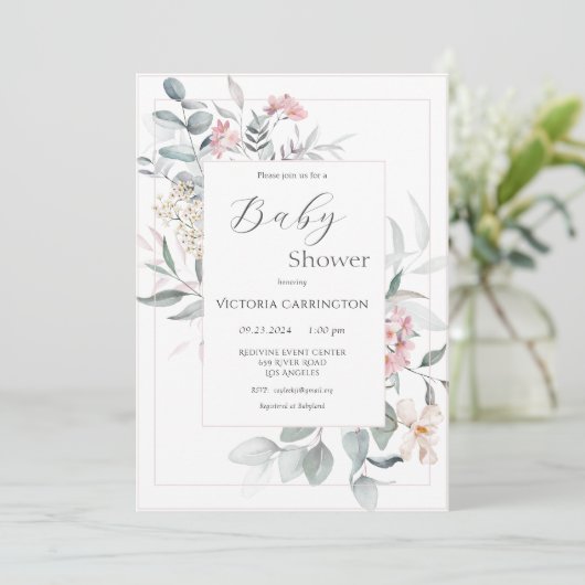 Roze Bloemen Modern Meisje Baby shower Kaart (Staand voorkant)