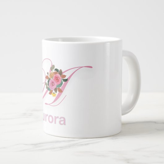 Roze Bloemen Modern Monogram Initiaal Letter Grote Koffiekop (Voorkant rechts)