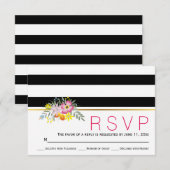 Roze bloemen moderne strepen met bloemenbruiloft R RSVP Kaartje (Voorkant / Achterkant)