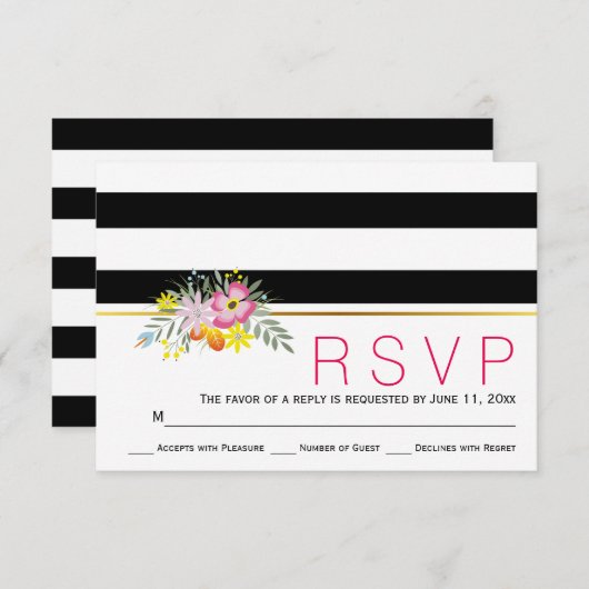 Roze bloemen moderne strepen met bloemenbruiloft R RSVP Kaartje (Voorkant / Achterkant)