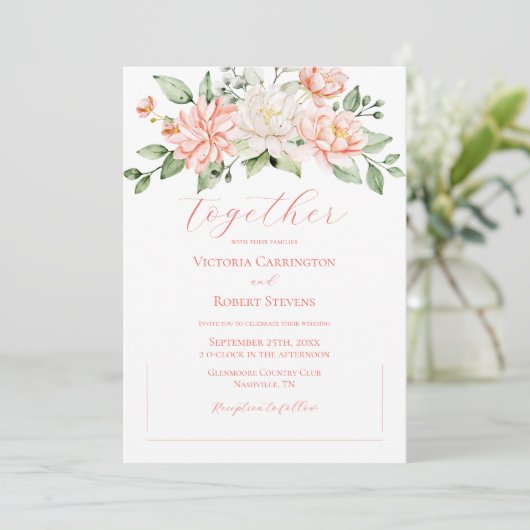 Roze Bloemen Moderne Waterverf Huwelijksuitnodigin Kaart (Staand voorkant)