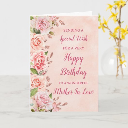 Roze Bloemen Moeder in de wet Verjaardag Kaart (Gele Bloem)