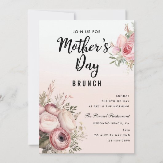 Roze Bloemen Moederdag Brunch Party Uitnodiging (Voorkant)
