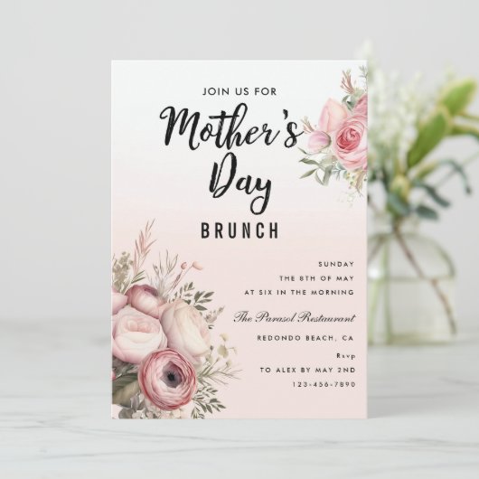 Roze Bloemen Moederdag Brunch Party Uitnodiging (Staand voorkant)