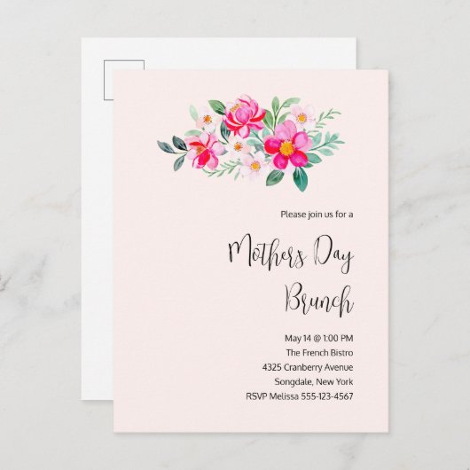 roze bloemen Moederdag Brunch Uitnodiging Briefkaart (Voorkant / Achterkant)