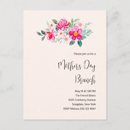  roze bloemen Moederdag Brunch Uitnodiging Briefkaart (Voorkant)