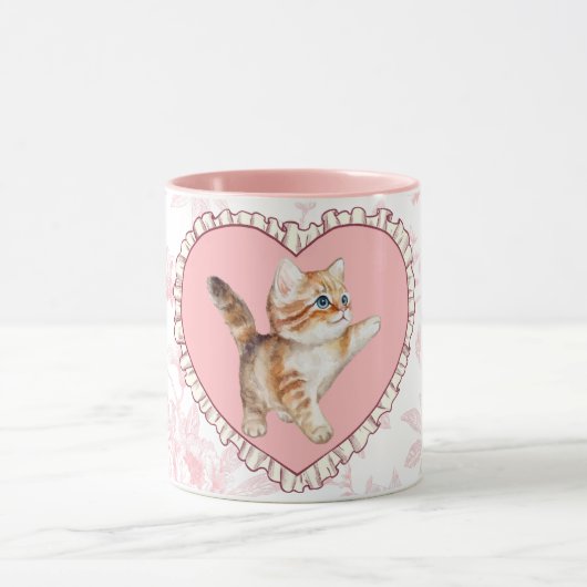  Roze Bloemen Mok met Speelse Kitten Hart (Midden)
