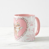  Roze Bloemen Mok met Speelse Kitten Hart (Voorkant rechts)