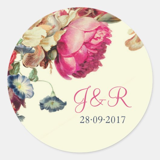 Roze Bloemen Monogram Bruiloft Sticker (Voorkant)