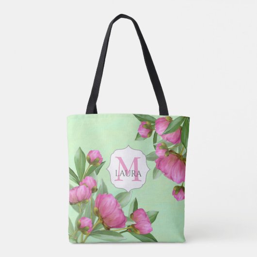 Roze Bloemen  Monogram Gepersonaliseerd Tote Bag (Achterkant)