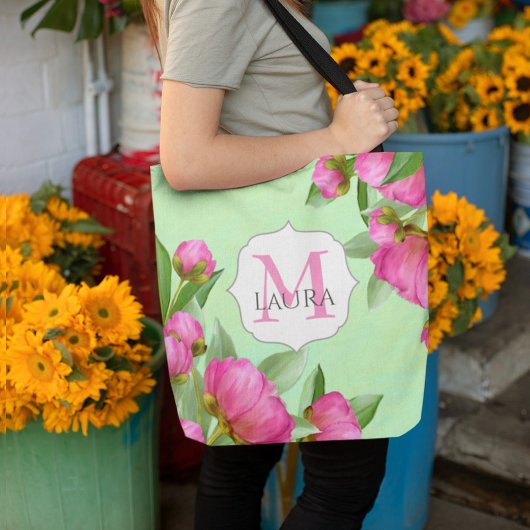 Roze Bloemen Monogram Gepersonaliseerd Tote Bag