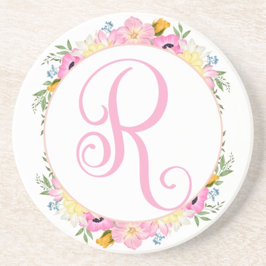 Roze Bloemen Monogram Onderzetter (Voorkant)