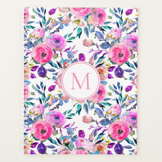 Roze Bloemen Monogram Planner (Voorkant)