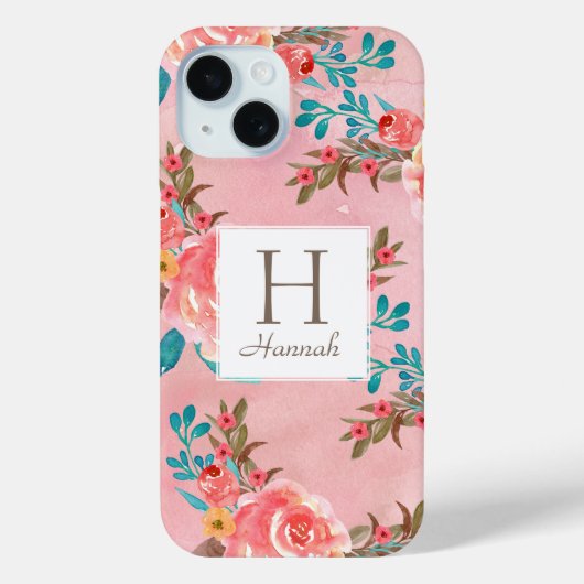  Roze Bloemen Monogram Roze Patroon Case-Mate iPhone Case (Achterkant)