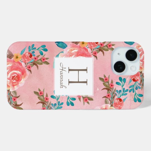  Roze Bloemen Monogram Roze Patroon Case-Mate iPhone Case (Achterkant (horizontaal))