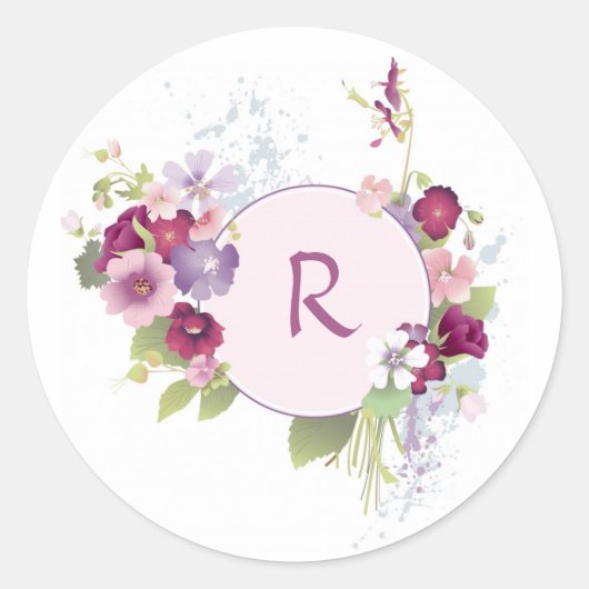 Roze Bloemen Monogram Sticker (Voorkant)