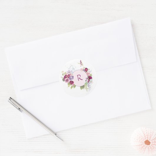 Roze Bloemen Monogram Sticker (Envelop)