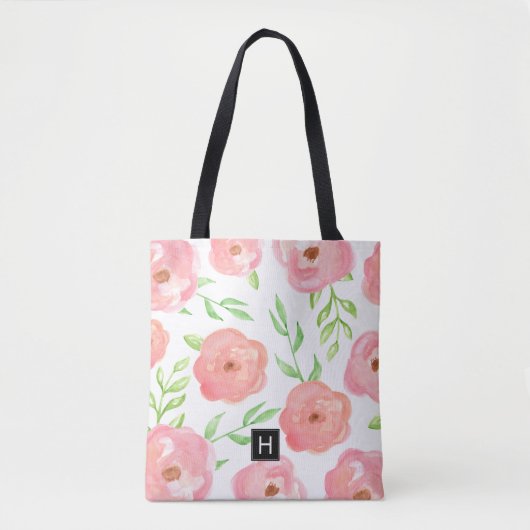 Roze Bloemen Monogram Tote Bag (Voorkant)