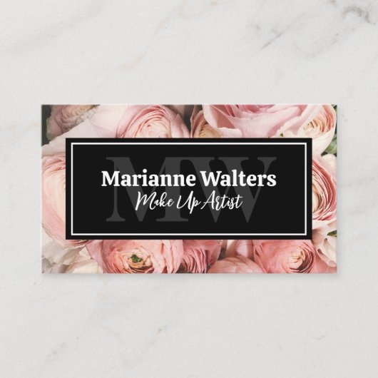 Roze bloemen | Monogram Visitekaartje (Voorkant)
