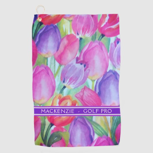 ROZE BLOEMEN Monogram WITTE TEKST Golfhanddoek (Voorkant)