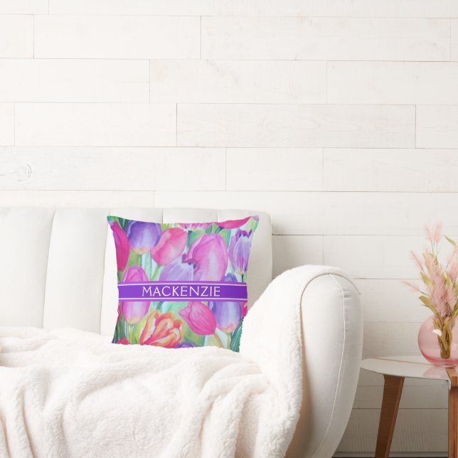 ROZE BLOEMEN Monogram WITTE TEKST Kussen (Bank)
