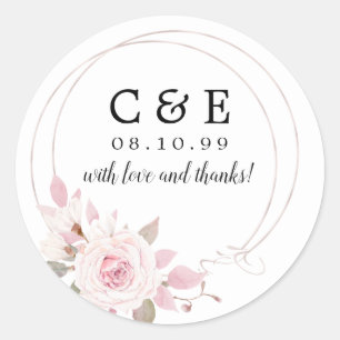 Roze Bloemen Monogrammed Bruiloft Dank u Ronde Sticker