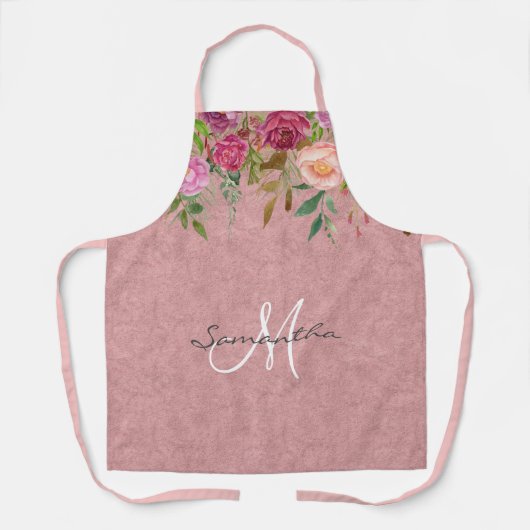 Roze bloemen mooi monogram schort (Voorkant)